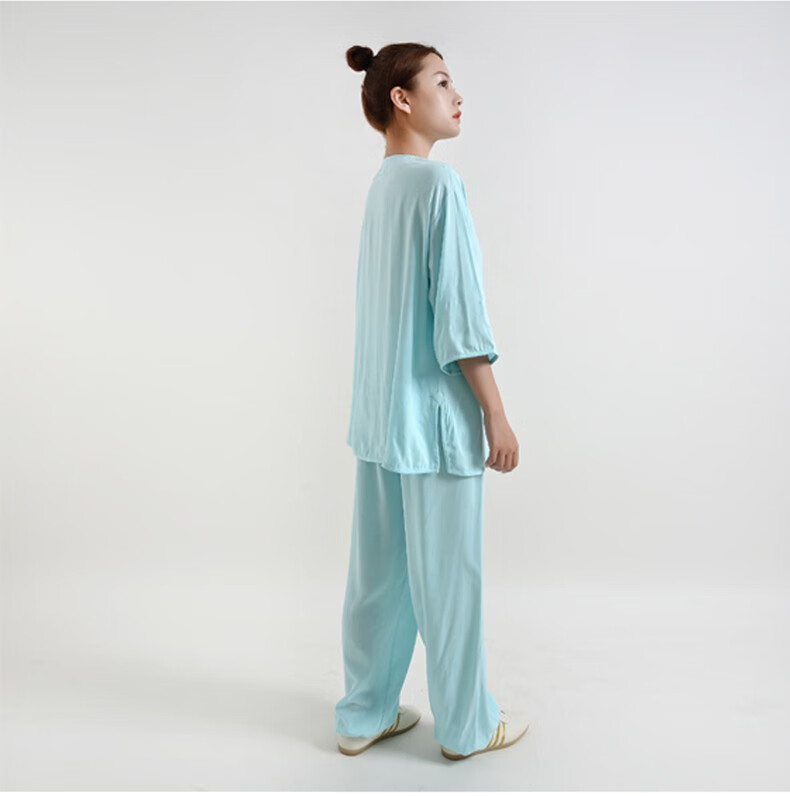 太极服女夏季绵绸中袖练功服武术服棉绸飘逸薄长袖太极拳套装 水蓝色