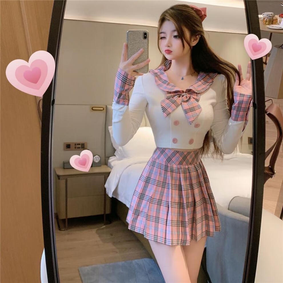原创jk制服裙减龄少女学院风套装长袖露脐女秋款学生百褶裙 上衣 s