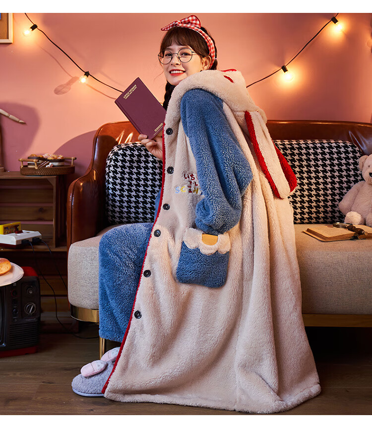 睡袍女秋冬长款加厚法兰绒加绒睡衣女毛茸茸可爱浴袍春秋款适合冬天穿