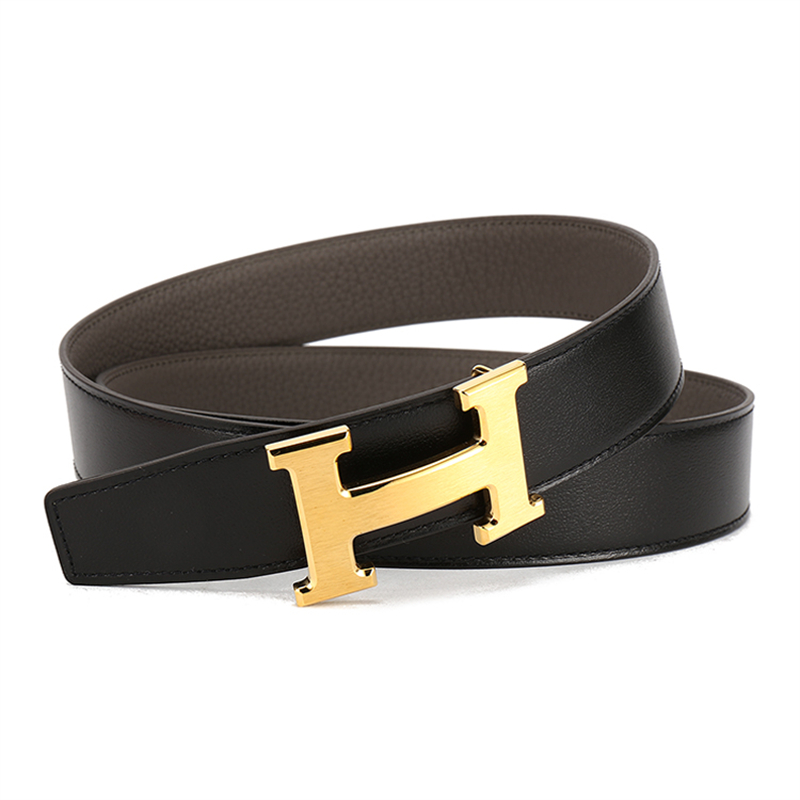 爱马仕(hermes) 男士金色h皮带扣黑灰双面32毫米宽牛皮腰带 85【图片