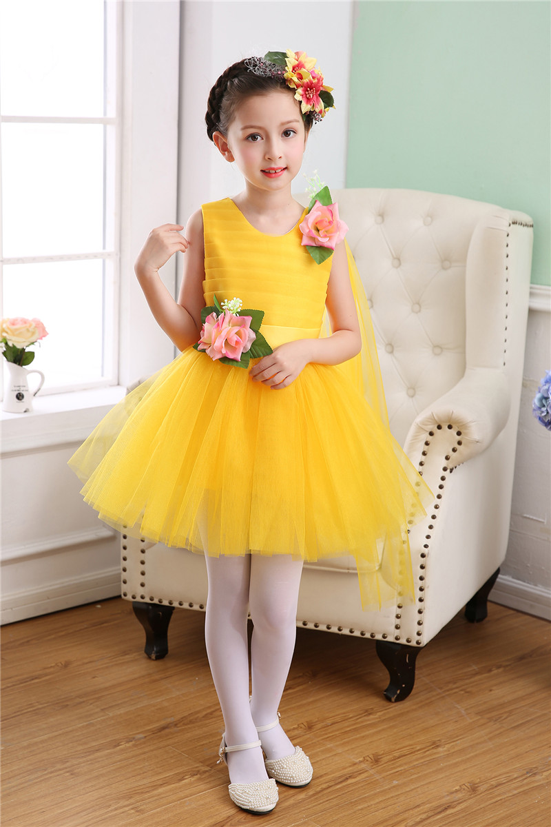 儿童演出服黄色女童蓬蓬纱裙幼儿园舞蹈服小学生合唱表演服装飘纱黄色