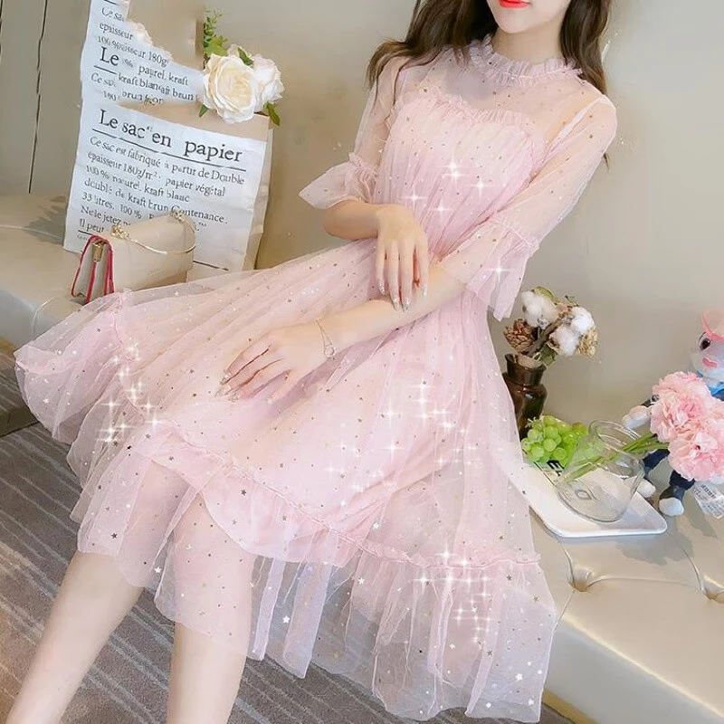 夏の新しいドレス夏の小さなフラッシュドレス妖精の妖精の女性の夏のドレス新しい気質薄いピンク2268S