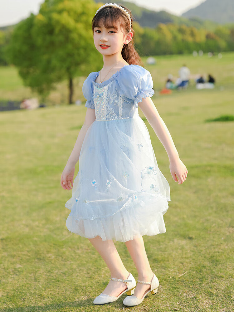 夏季814岁洋气女孩冰雪奇缘艾莎公主裙中大童气质小女孩裙子粉色110