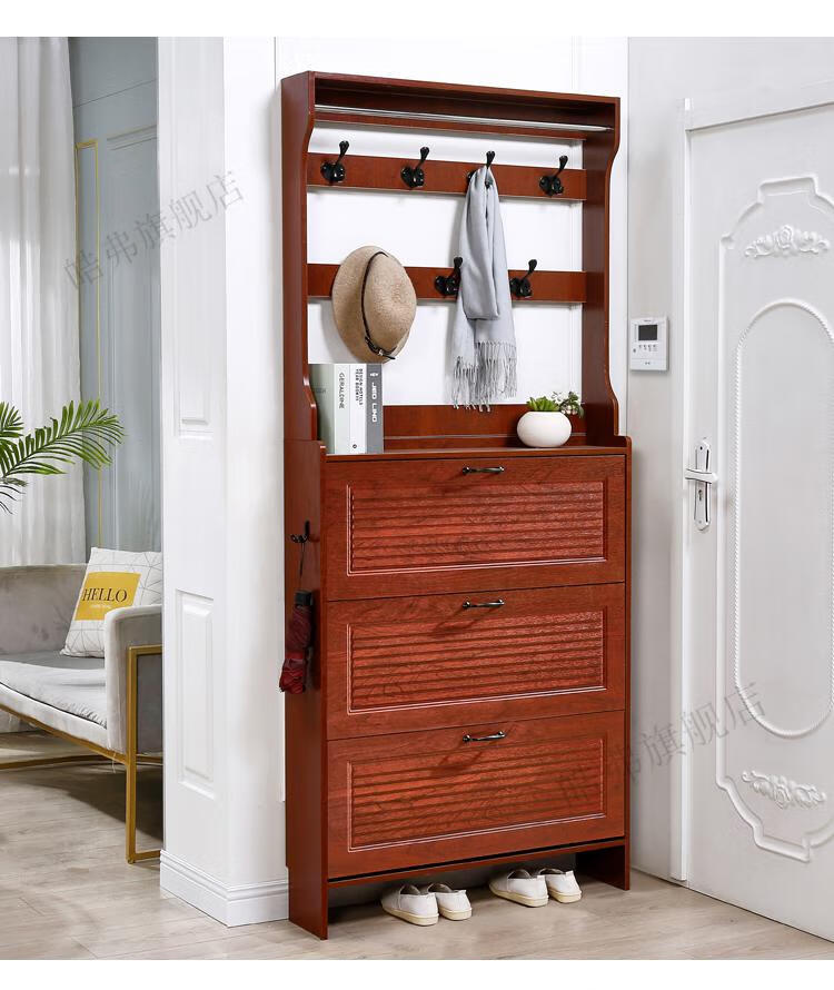 威赛星 60新中式实木鞋柜衣帽架一体家用门口大容量带衣帽架翻斗