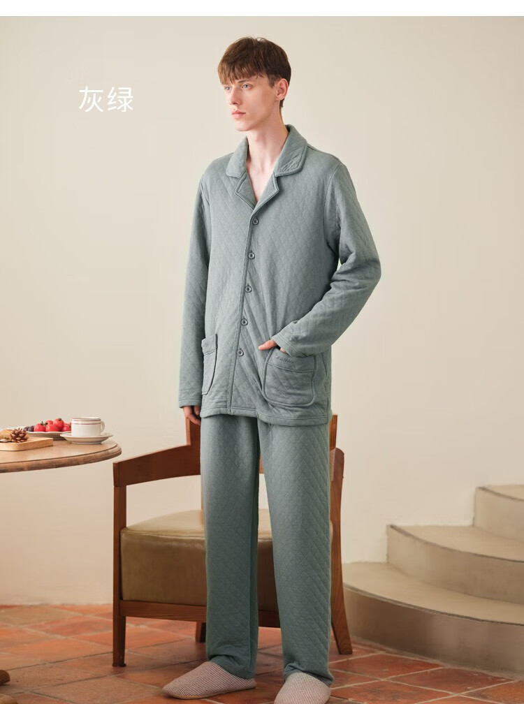 美标三层加厚夹棉纯棉睡衣套装男士秋冬休闲可外穿保暖全棉家居服