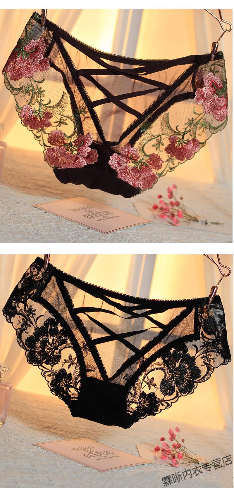 情绪用品妩媚欧美宫廷刺绣性感透明网纱内裤女蕾丝镂空绑带火辣诱人