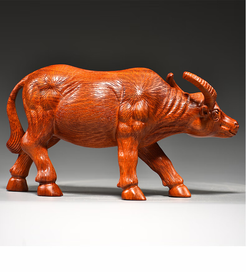 华禧顿 花梨木雕牛摆件牛气冲天实木水牛工艺品十二生肖动物客厅开业