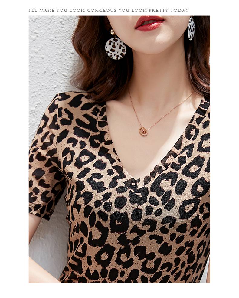 豹纹打底衫女 豹纹短袖t恤女网纱v领短款上衣夏季薄款高端蕾丝半袖