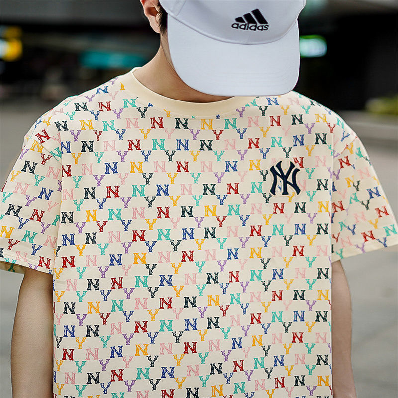 nyt恤男纽约洋基队ny短袖女夏色满标印花情侣刺绣韩版薄t恤男杏色xl