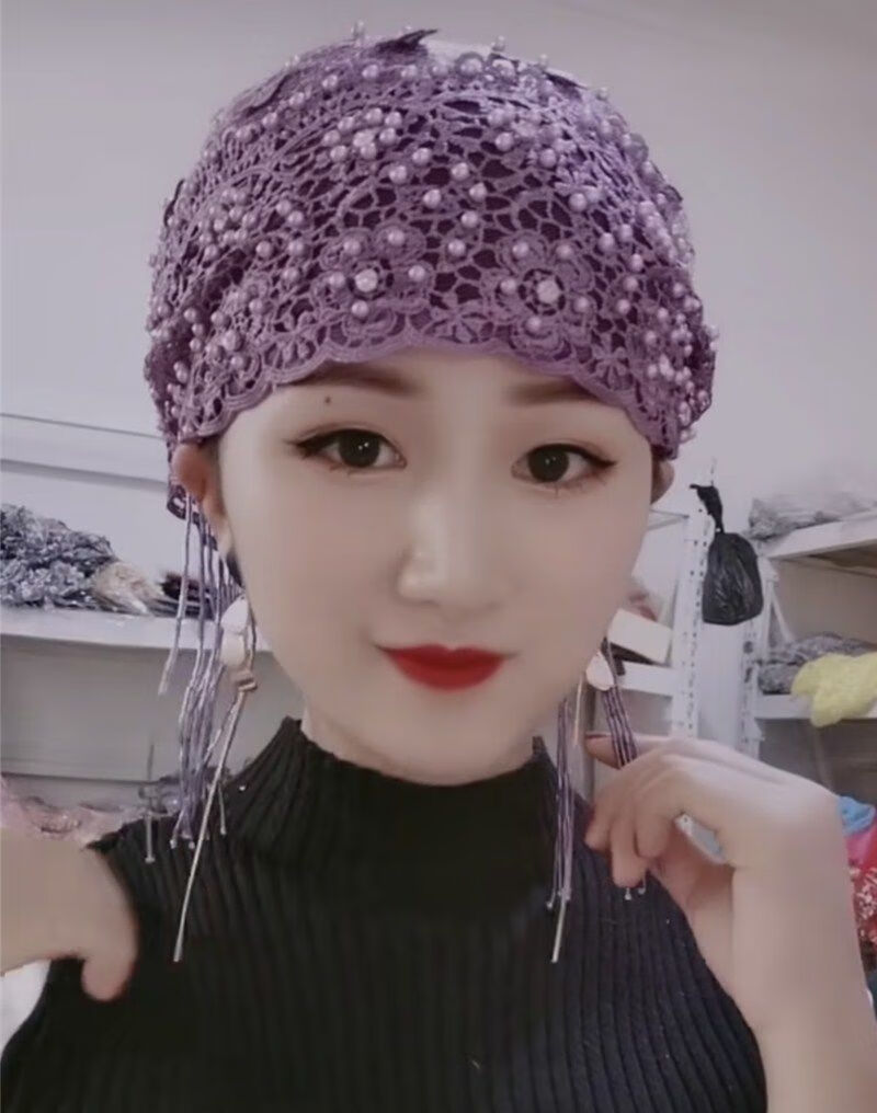 流苏包头帽头巾新款回族帽子时尚纱巾立体纯手工流苏包头帽堆堆帽