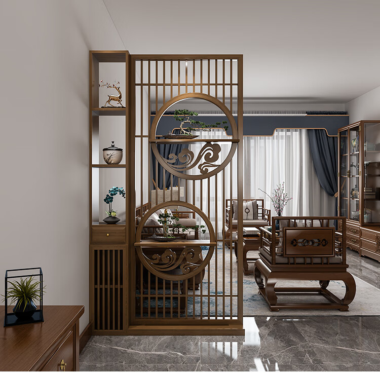 寻年新中式客厅实木屏风隔断入户正对门玄关柜遮挡简约现代木质置物架