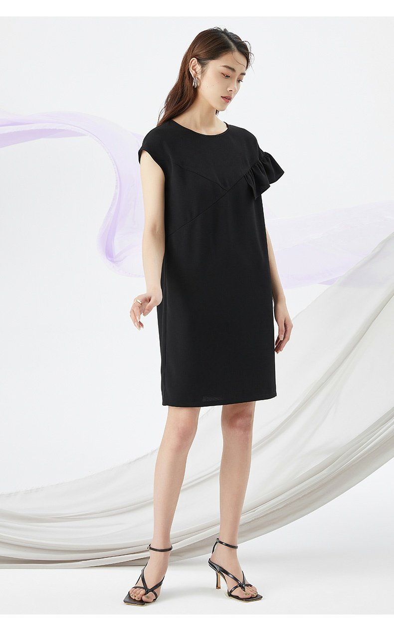 goobgsgb谷邦木耳边圆领中长连衣裙女气质修身裙子夜黑s155