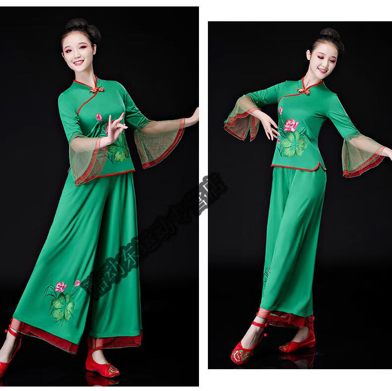 夏季中老年秧歌服广场舞服装女演出服民族舞扇子舞蹈服套装 绿色 m