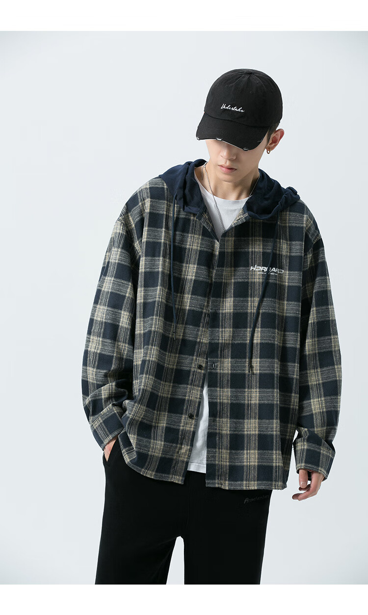 潮唯 日系潮牌格子连帽衬衫男胖子大码宽松舒适长袖外套韩版嘻哈外搭