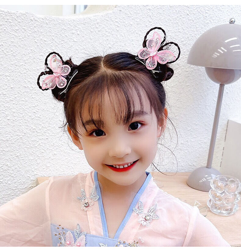 寇翔儿童汉服发饰女童蝴蝶结发夹头饰立体花朵假发古风古装公主发卡