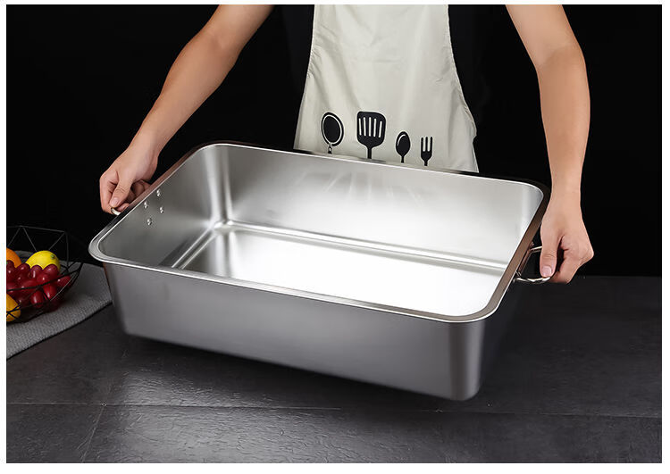 婉铮不锈钢长方形带把手平底方盘菜盆提手卤菜盆冷冻盆油炸盆453515带