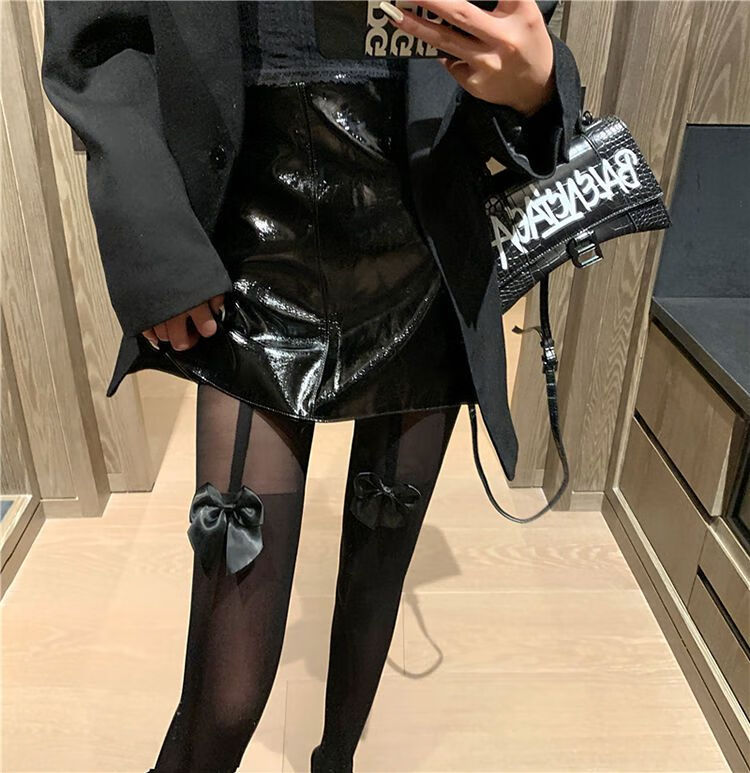 黑丝过膝袜黑色蝴蝶结拼接吊带过膝袜潮长筒连裤袜子春夏季薄款百搭