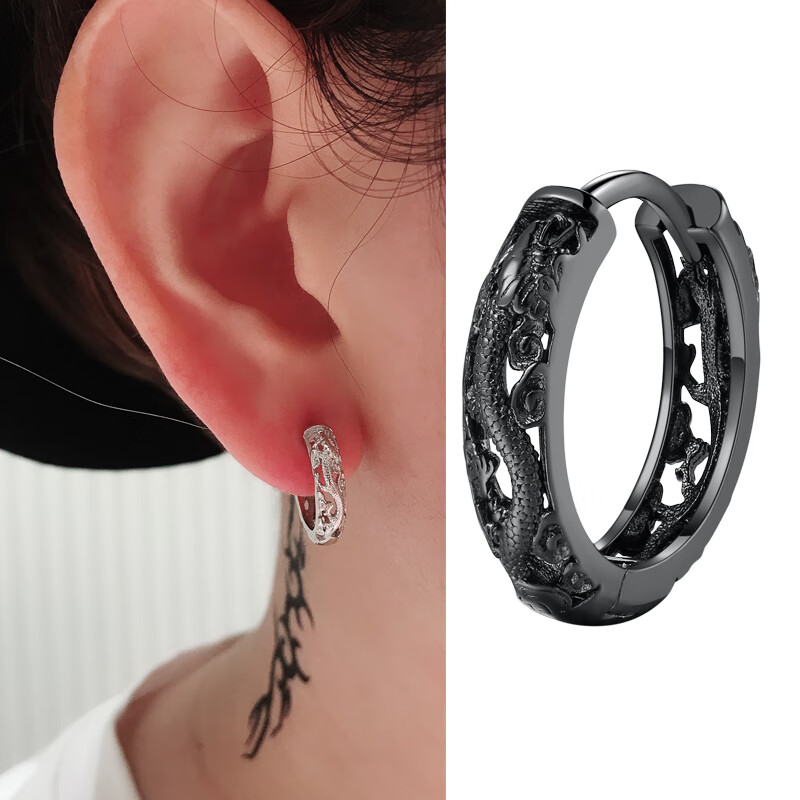 女生潮人耳圈复古单只耳扣2019耳饰的 纯银龙图腾耳环(10mm黑 12mm黑)
