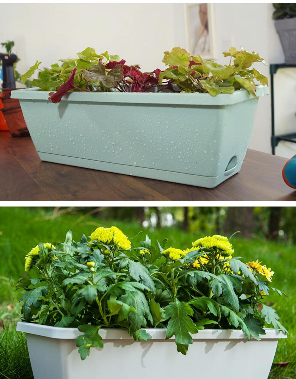种菜盆 阳台长方形花盆带托盘懒人家庭种菜盆栏杆长条塑料z3 灰白色霍