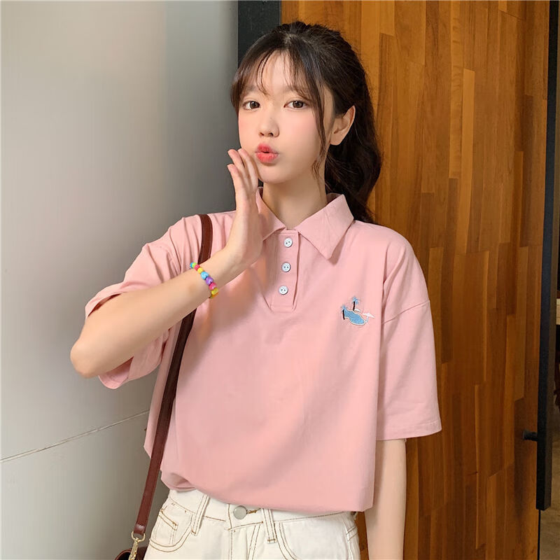 翻领polo衫短袖t恤女ins超火夏季宽松刺绣软妹原宿学院风上衣白色jy