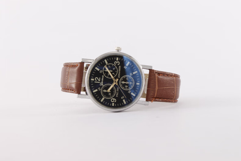 mreurio品牌新款现货时尚三眼蓝光镜面男士手表男表石英皮带男款黑盘