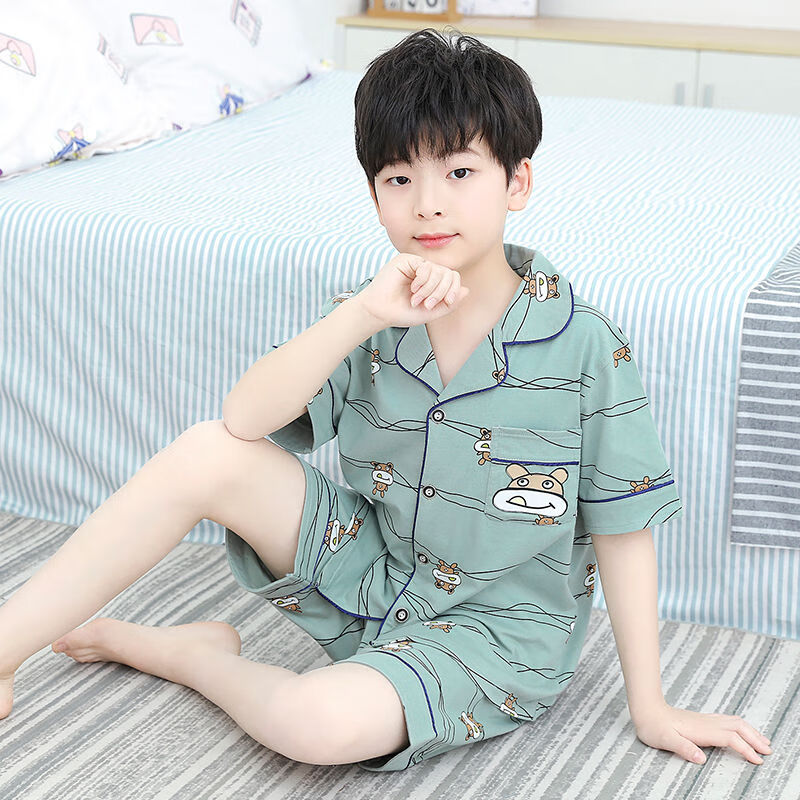 12一15岁小孩睡衣短袖薄款男孩中大童家居服时尚两件套灰色格子100码