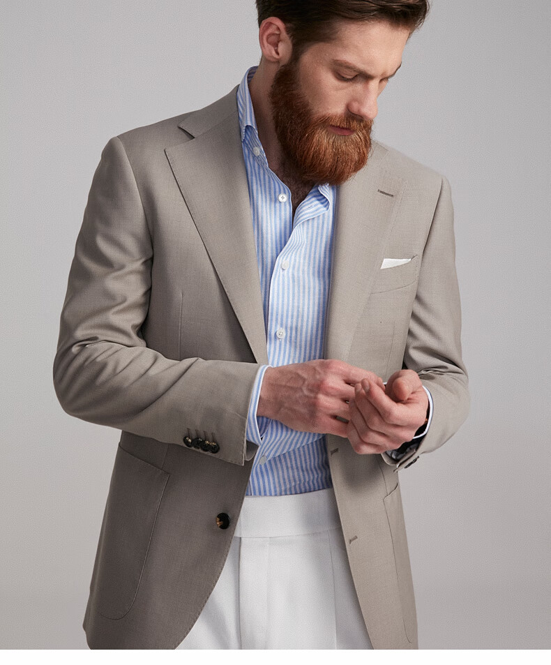 fullmonty羊毛西服男士休闲修身西装薄款外套单西上衣春秋季米色