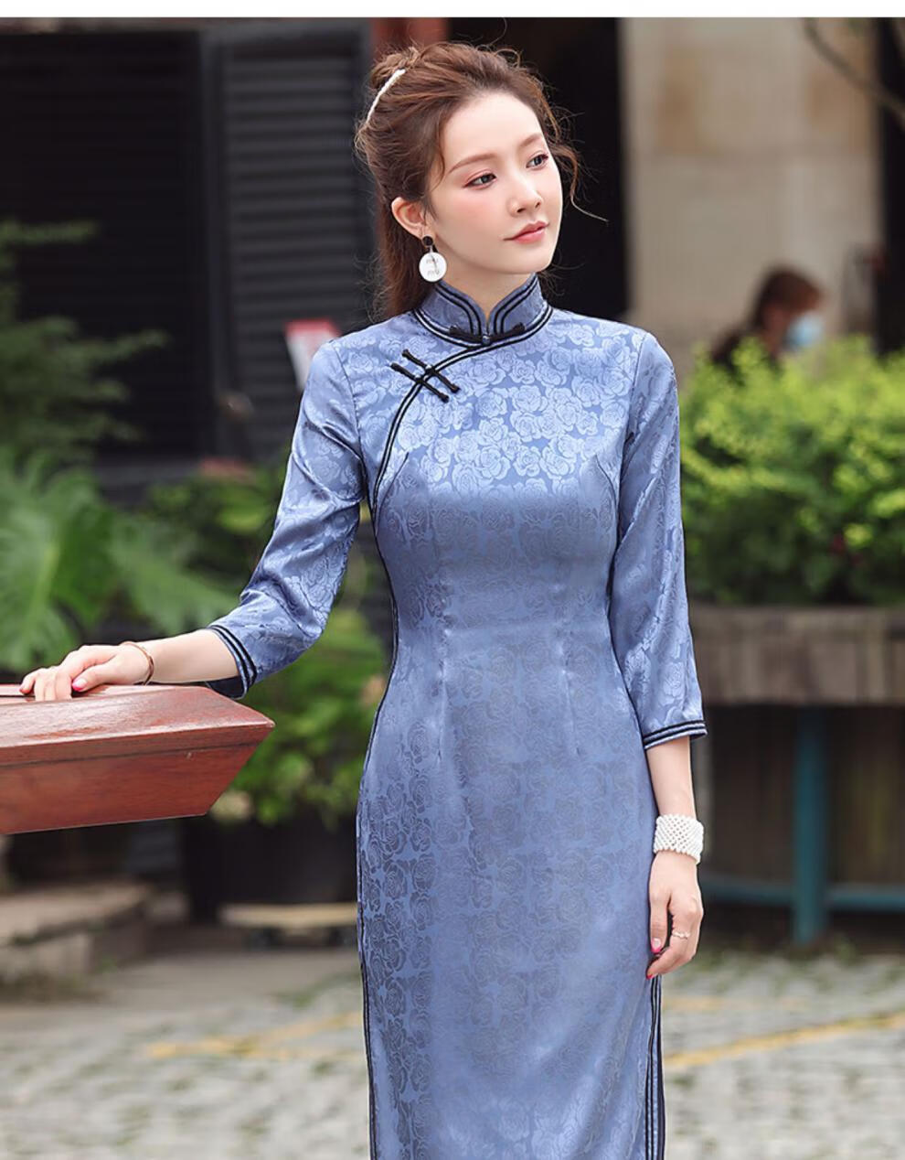 秀观唐初瑶2020秋季新款改良缎面提花复古长款优雅民族风旗袍裙 粉色