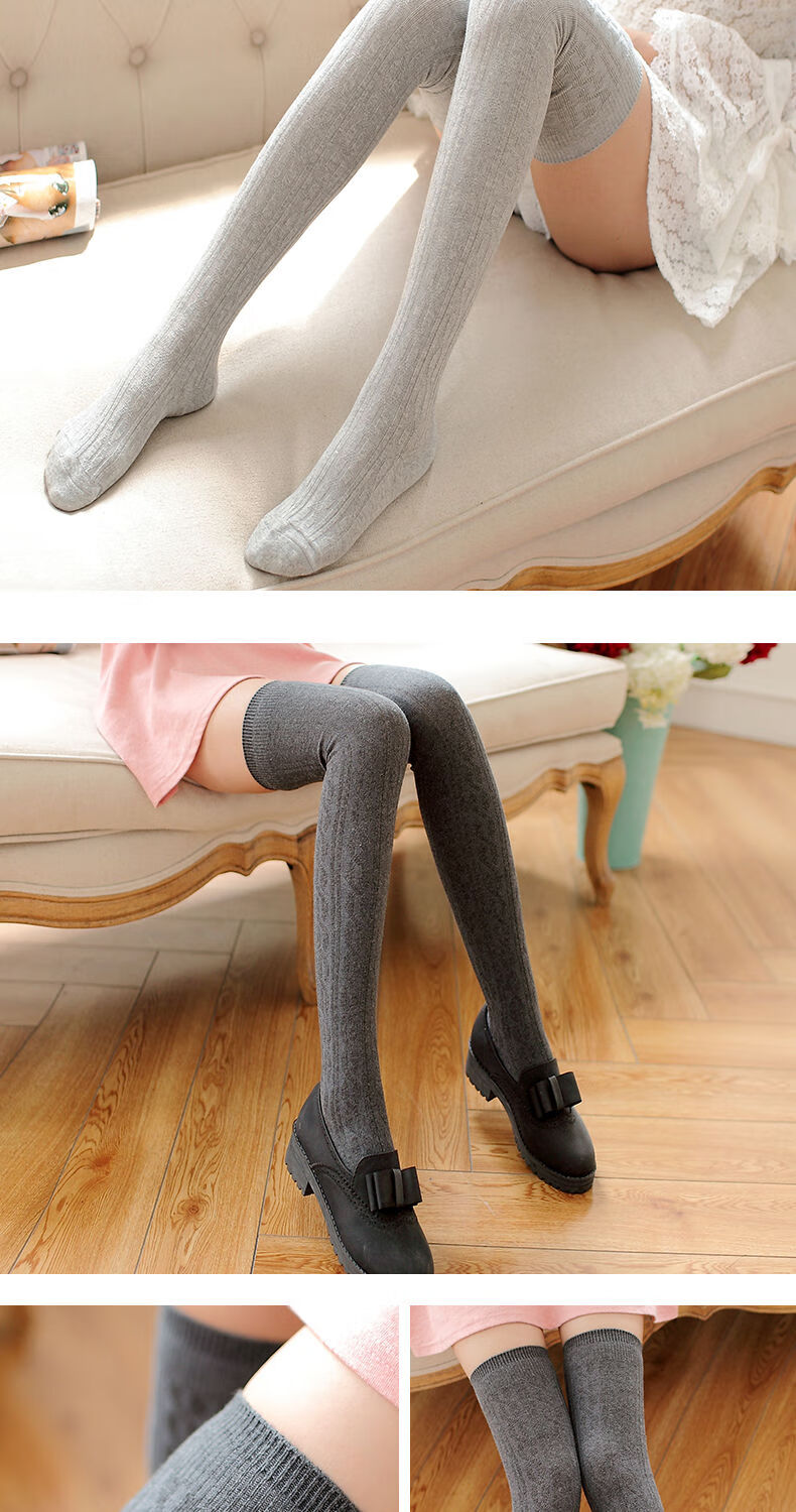 美腿袜秋长筒过膝袜女白色麻花高筒袜竖纹洛丽塔可爱大腿袜麻花深灰
