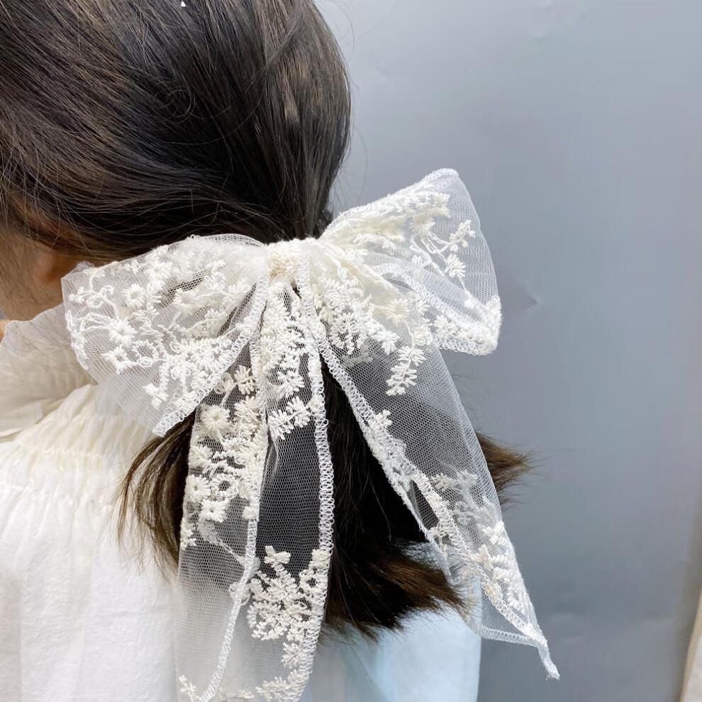 oeing 双层蝴蝶结长飘带发夹蕾丝花边发饰夏天刺绣韩版发饰 米白色