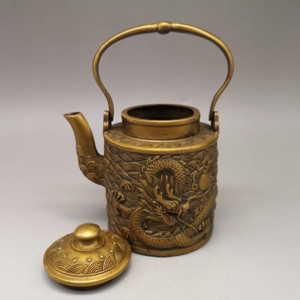 精选好货古董铜壶摆件纯铜海水龙纹壶仿古铜器提梁壶酒壶茶壶家居酒店