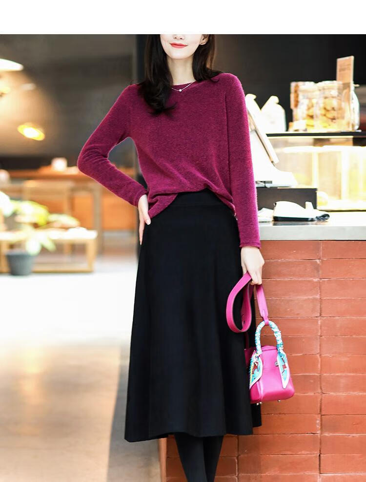 复古2020年冬季冬套头新款外穿内搭宽松圆领针织衫毛衣上衣 梅子色 s