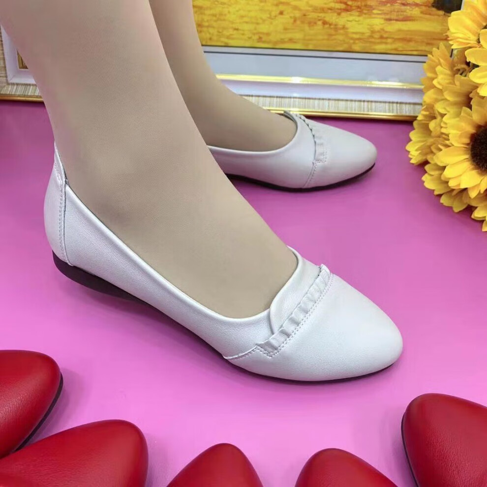 贤语牛筋底单鞋百搭时尚舒适真软皮妈妈鞋女工作鞋新款中年平底红色40