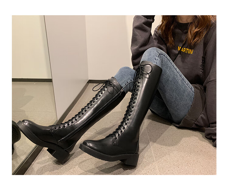 女粗跟长靴女不过膝2020新款显瘦高筒骑士靴系带长筒马丁靴白色绒里37