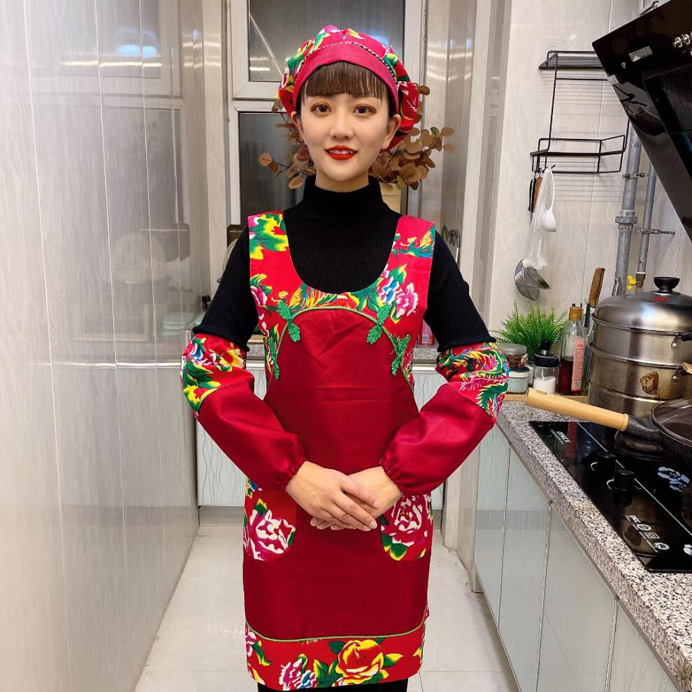 名狮罗复古民族风东北汉马双侧盘扣碎花围裙头巾套袖三件套 312单围