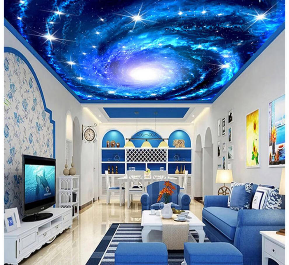 白云天空壁纸3d电视背景墙布壁画吊顶天花板夜色星空客厅墙纸5d凹凸