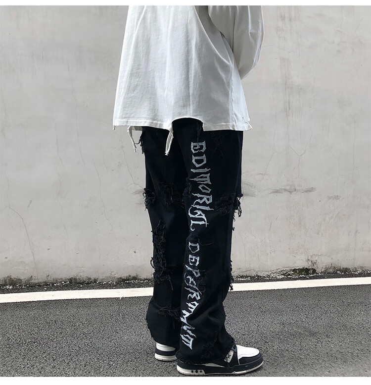 tf潮牌 欧美高街毛边破洞国潮牛仔裤男ins潮牌拼接格子慵懒风刺绣宽松