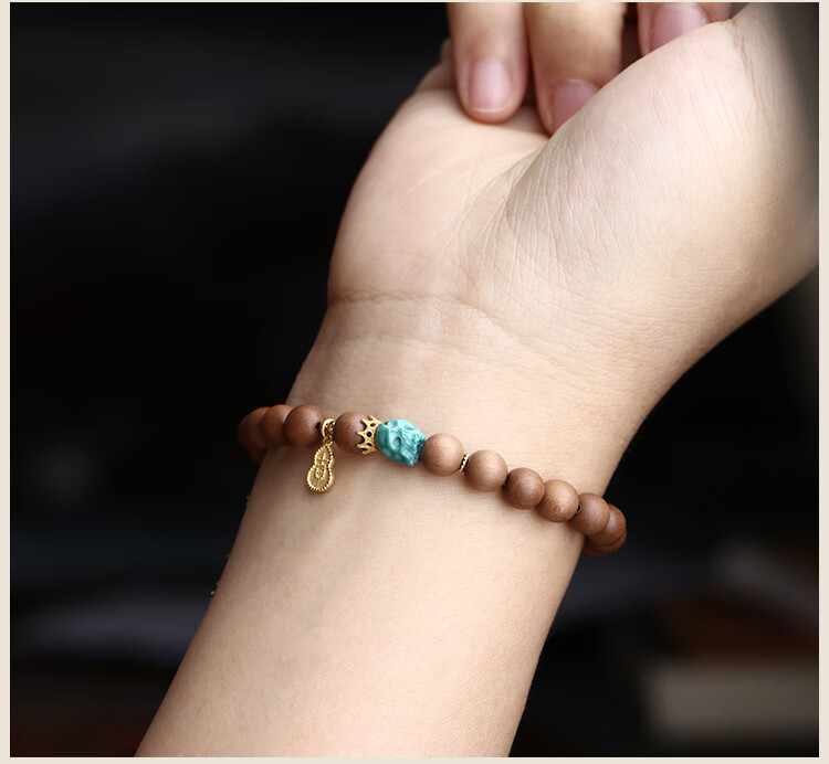 贵鸿 印度老山檀原矿绿松石骷髅手链 18k金皇冠18k金葫芦檀香手串男女