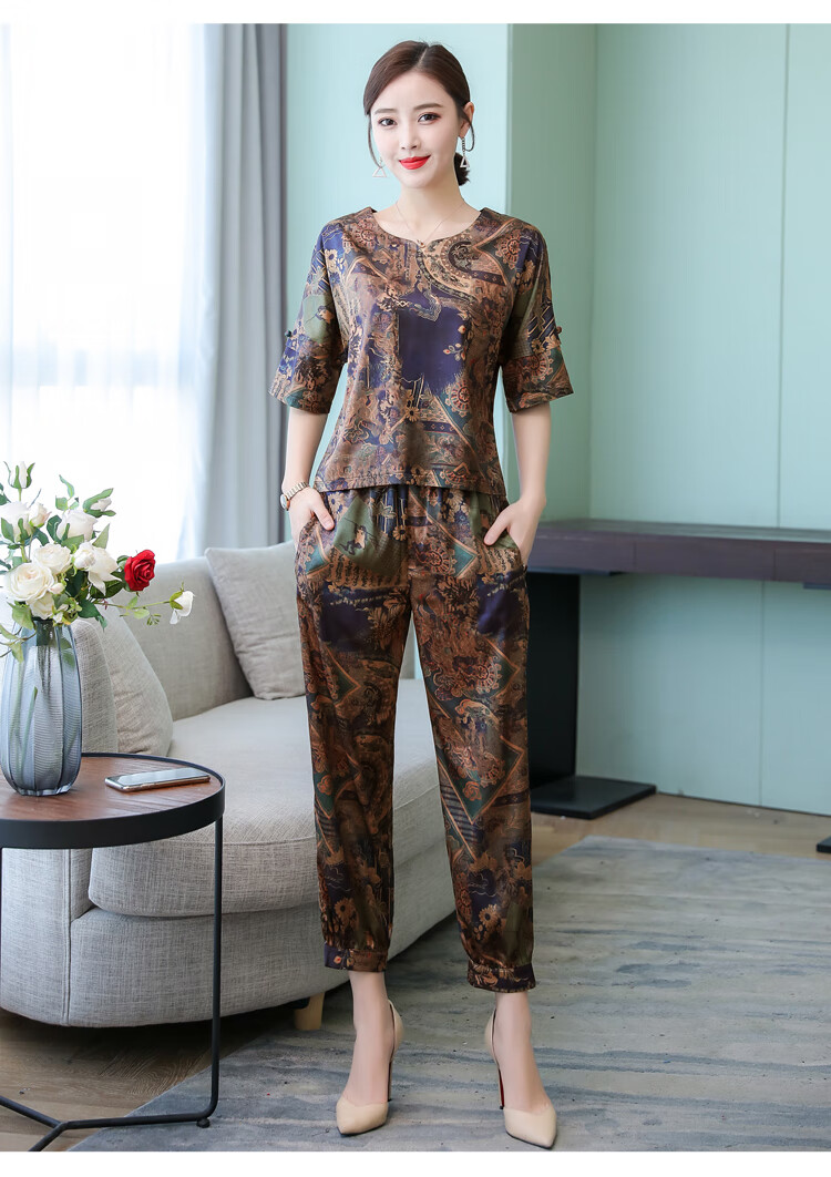 【新品】新款恒源祥真丝香云纱套装女两件套时尚复古妈妈大码桑蚕丝