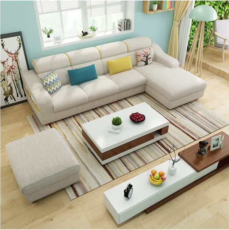 小型沙发小户型北欧布艺客厅整装7字型2833米棉麻转角家具组合深灰色