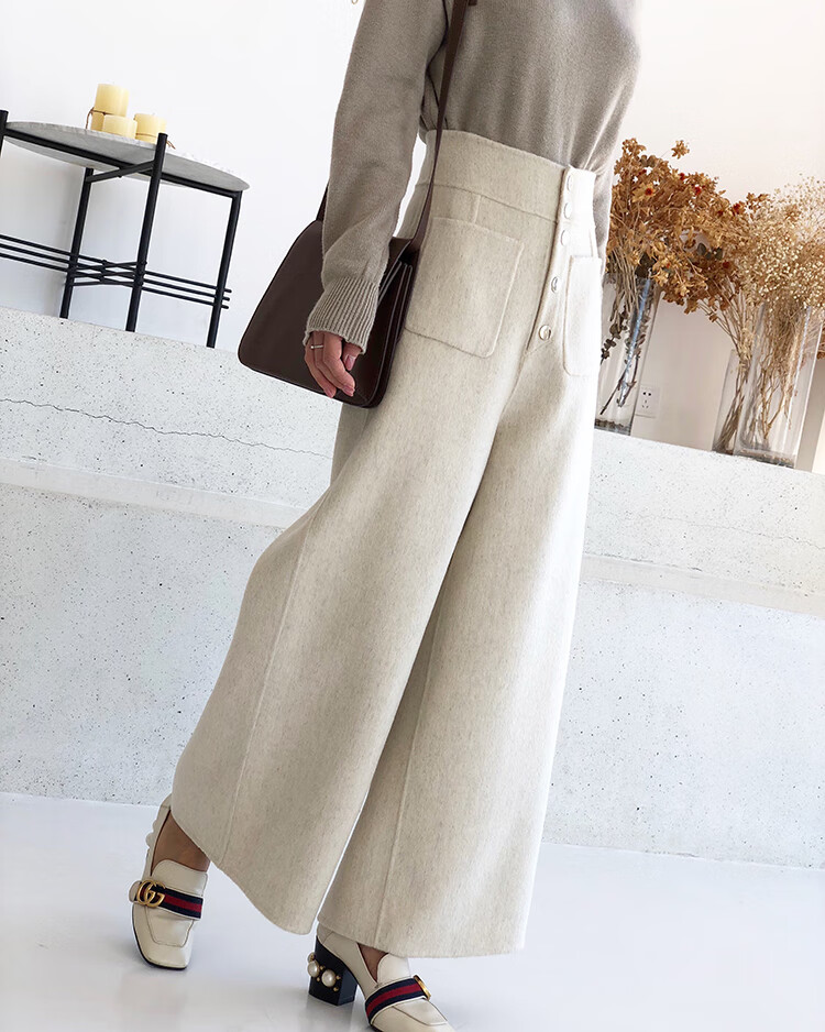 新款羊毛呢阔腿裤长款2020秋冬双面呢长裤高腰修身显瘦呢绒女裤羊绒裤