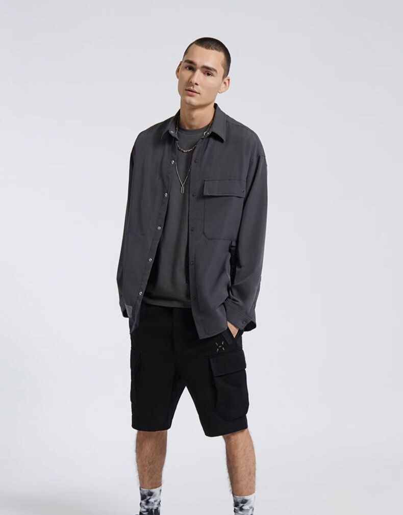 itizzue男装长袖衬衫春季街头饰飘带口袋装饰8115s1bkx黑色s