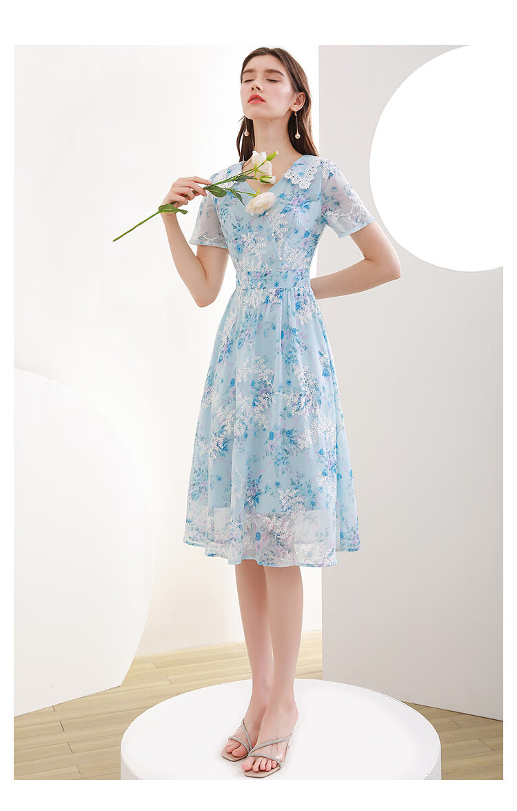 未风蓝色雪纺绣花连衣裙女夏2021年夏季新款高端气质优雅裙子 蓝色 s