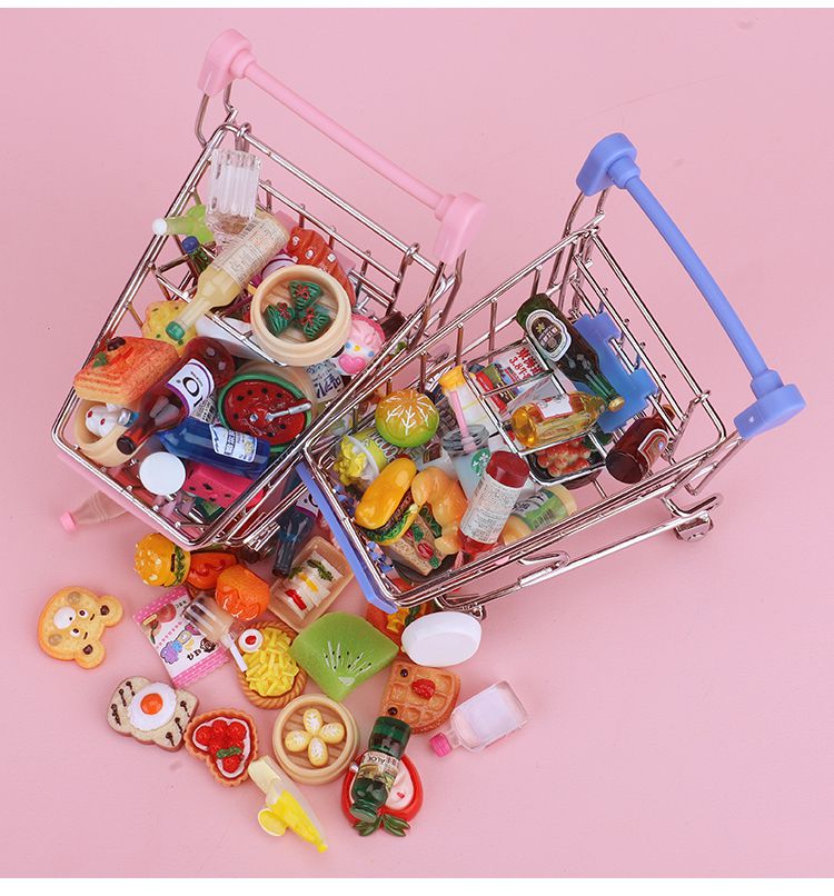 儿童手推车仿真迷你购物车超市玩具车过家家食物创意金属模型摆件购物