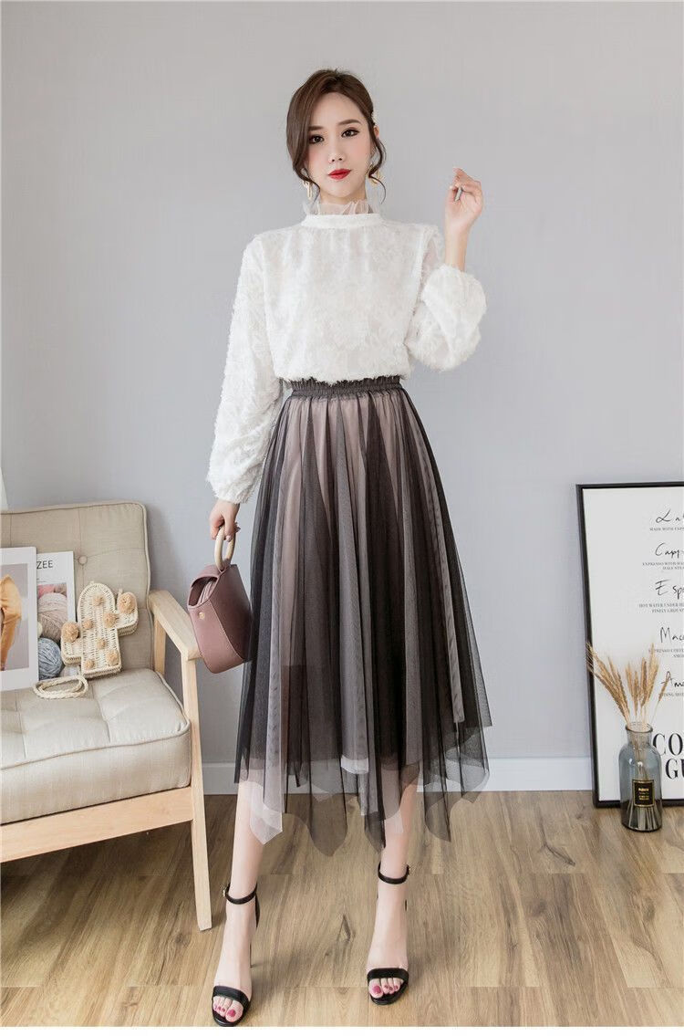 纱纱裙春夏超仙的撞色中长款a字蓬蓬半身裙纱纱裙森系ins网纱裙灰粉色