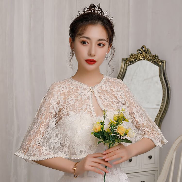 婚纱披肩夏季韩版搭旗袍婚纱礼服蕾丝披肩新娘斗篷复古优雅珍珠防晒小
