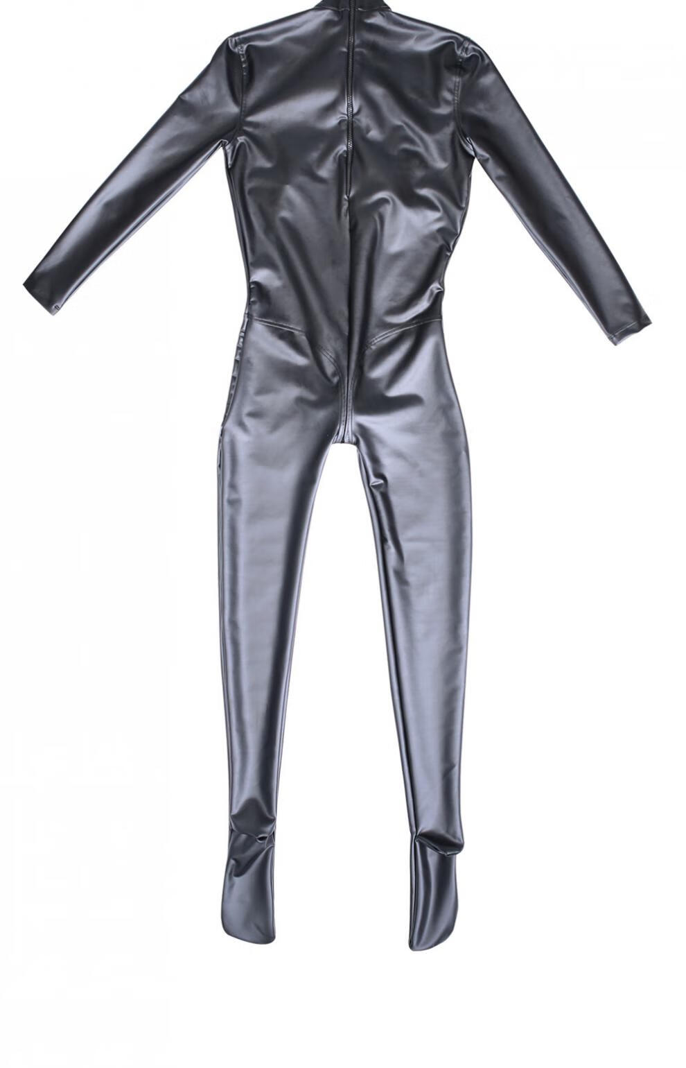 乳胶氨女性感塑身衣长袖舞台走秀cd束身连体紧身衣油面黑后背拉链u裆