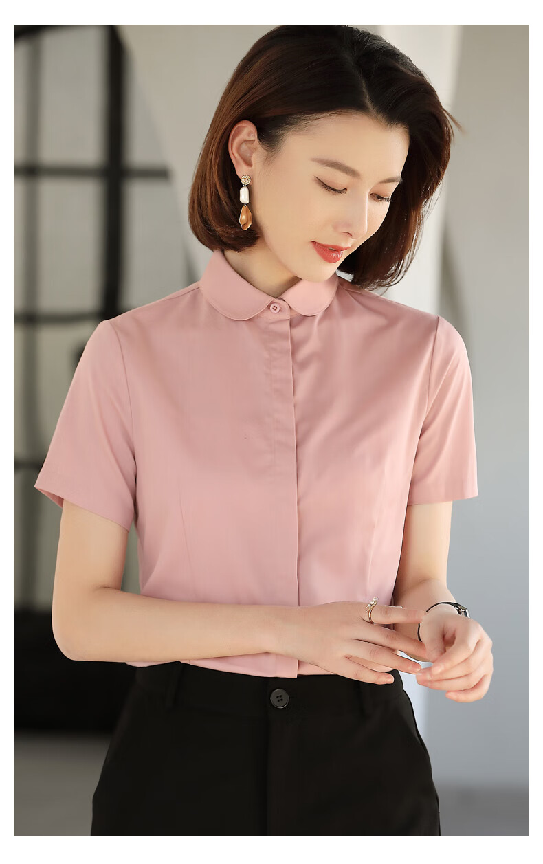 娃娃领衬衫女夏短袖设计感小众粉色衬衣宽松洋气棉上衣气质职业装