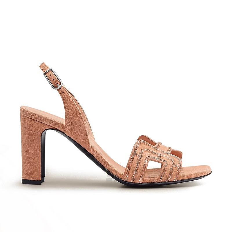 hermes爱马仕女鞋凉鞋高跟鞋山羊皮麂皮水钻细节跟高8厘米 黑色 36