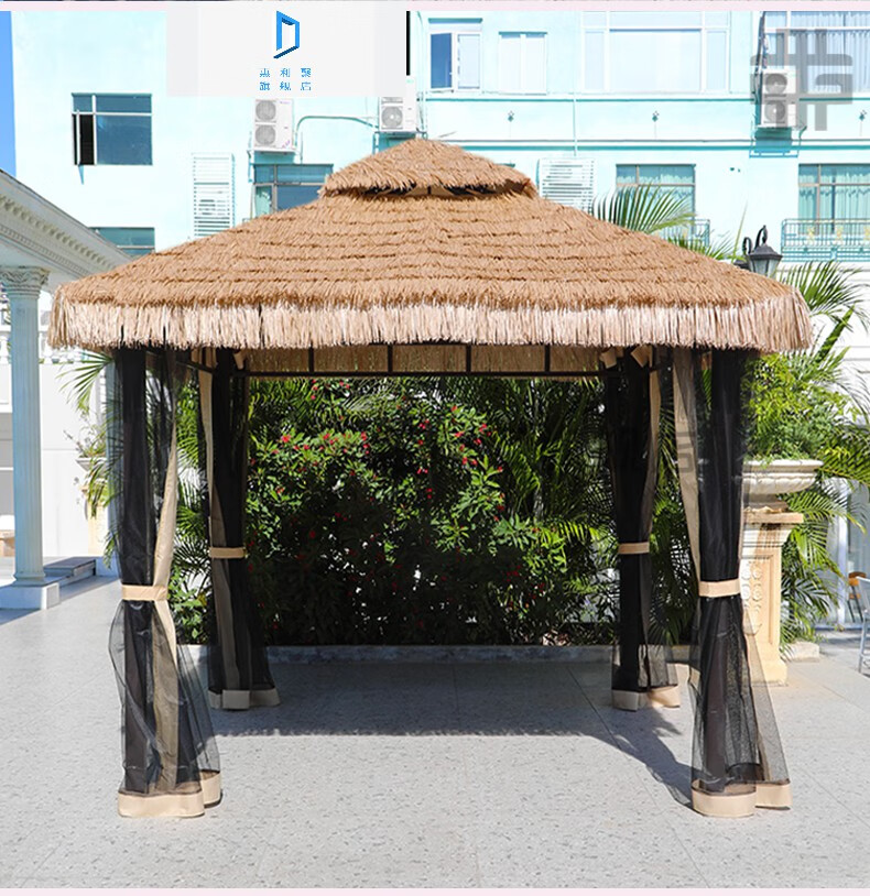 户外凉亭家用别墅庭院农家乐毛草棚小木屋稻草铁艺亭子四角茅草亭 3.